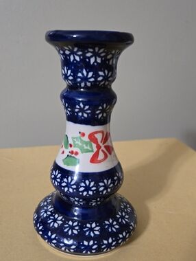 Polish Pottery Hand Painted Ceramic Candle Holder with Holiday Motif 6.5 Inches